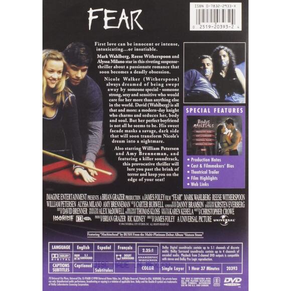 FEAR DVD Reece Witherspoon Brand New Factory Sealed Free Shipping - Picture 2 of 2